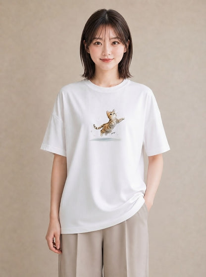 半袖Tシャツ レディース マンチカン 猫 ねこ イラスト きれいめ 公園 ママ 白T