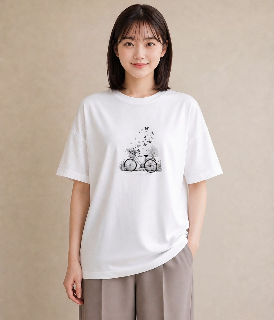 Tシャツ レディース 自転車のかご 自転車 花かご ナチュラル アンティーク イラスト 韓国風 散歩 お出かけ 白T