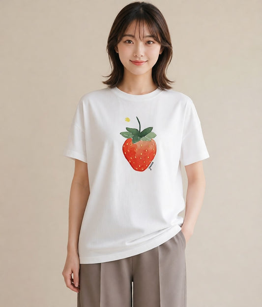プリントTシャツ レディース いちご 苺 ストロベリー 食べ物 フード イラスト 韓国風 週末コーデ 敬老の日 白T