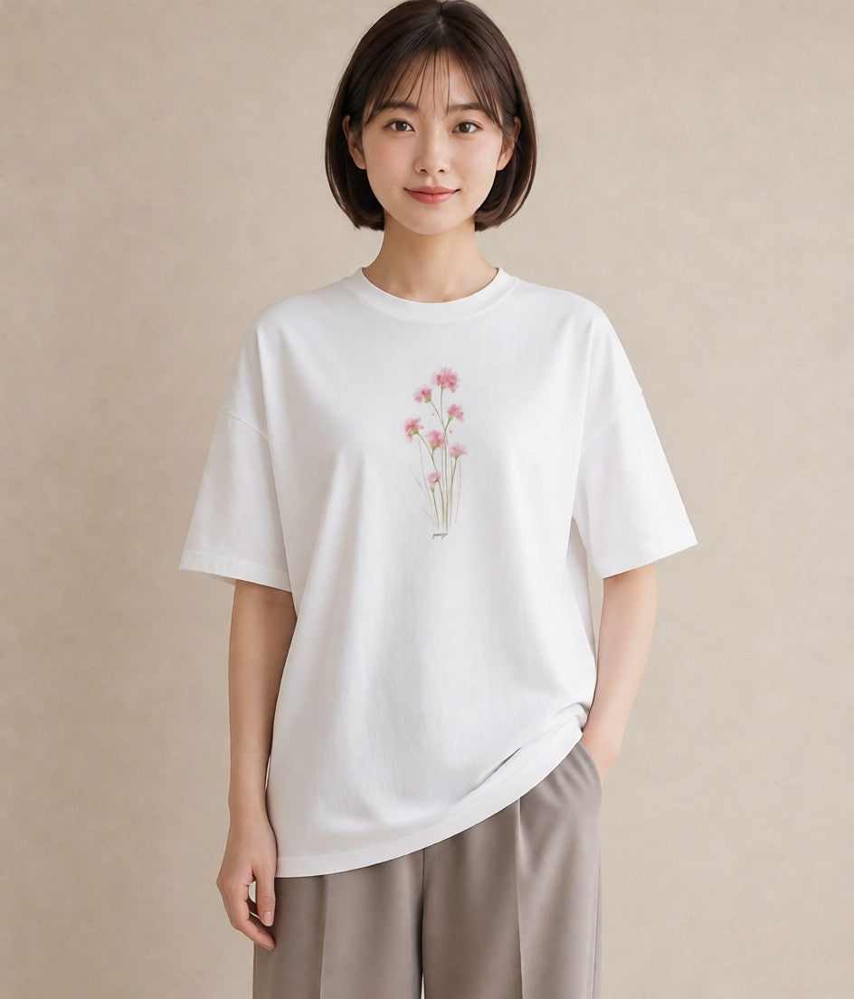 Tシャツ レディース ミモザ 花 花柄 イラスト 韓国風 カジュアルコーデ 買い物 白T