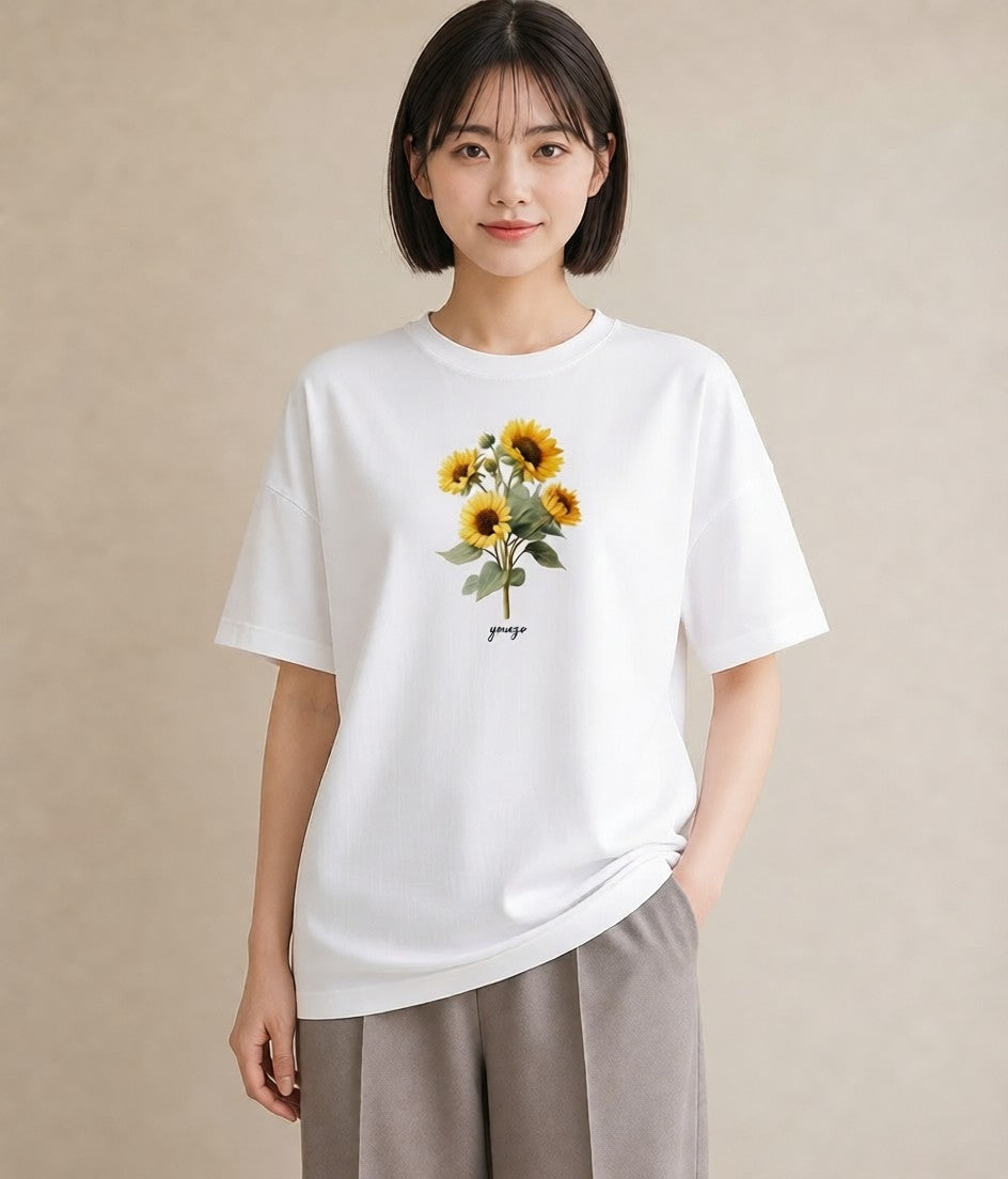 デザインTシャツ レディース ひまわり 向日葵 花 花柄 イラスト ラフカジュアル 部屋着 女性向けギフト 白T