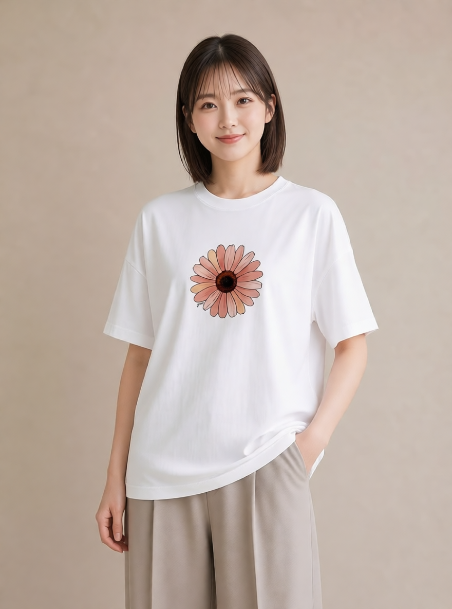 Tシャツ レディース ひまわり 向日葵 花 花柄 イラスト 帰省 ラフ 白T