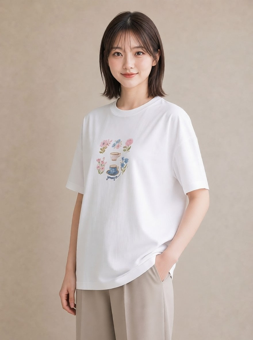 プリントTシャツ レディース ハーブティー 食べ物 フード イラスト 休日コーデ 夏コーデ 通学 白T