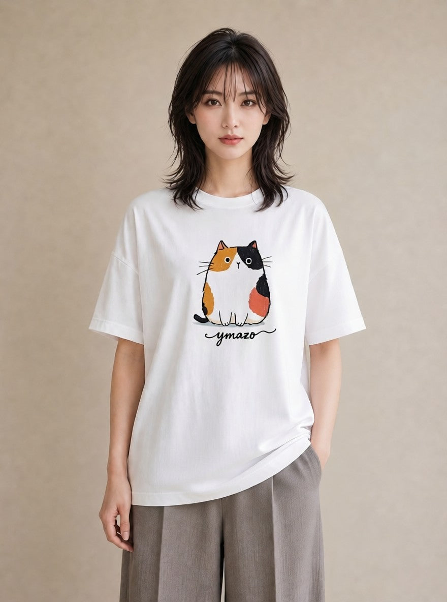 半袖Tシャツ レディース ニャンコ 猫 ねこ イラスト フェミニン 秋コーデ おしゃれギフト 白T