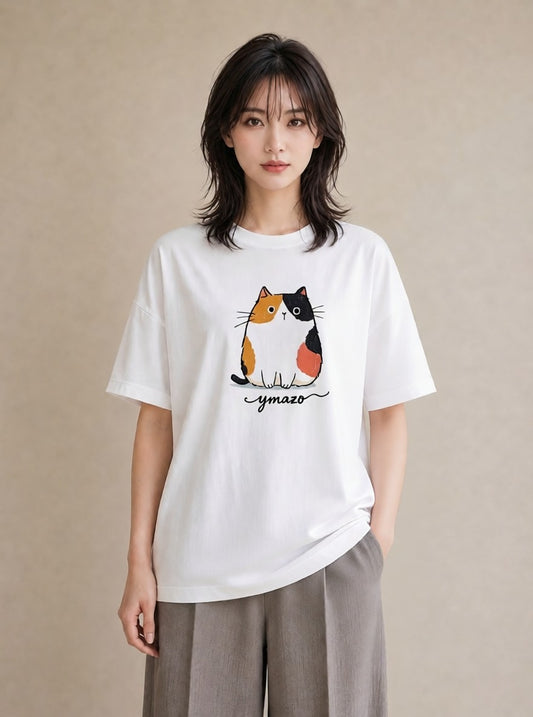 半袖Tシャツ レディース ニャンコ 猫 ねこ イラスト フェミニン 秋コーデ おしゃれギフト 白T
