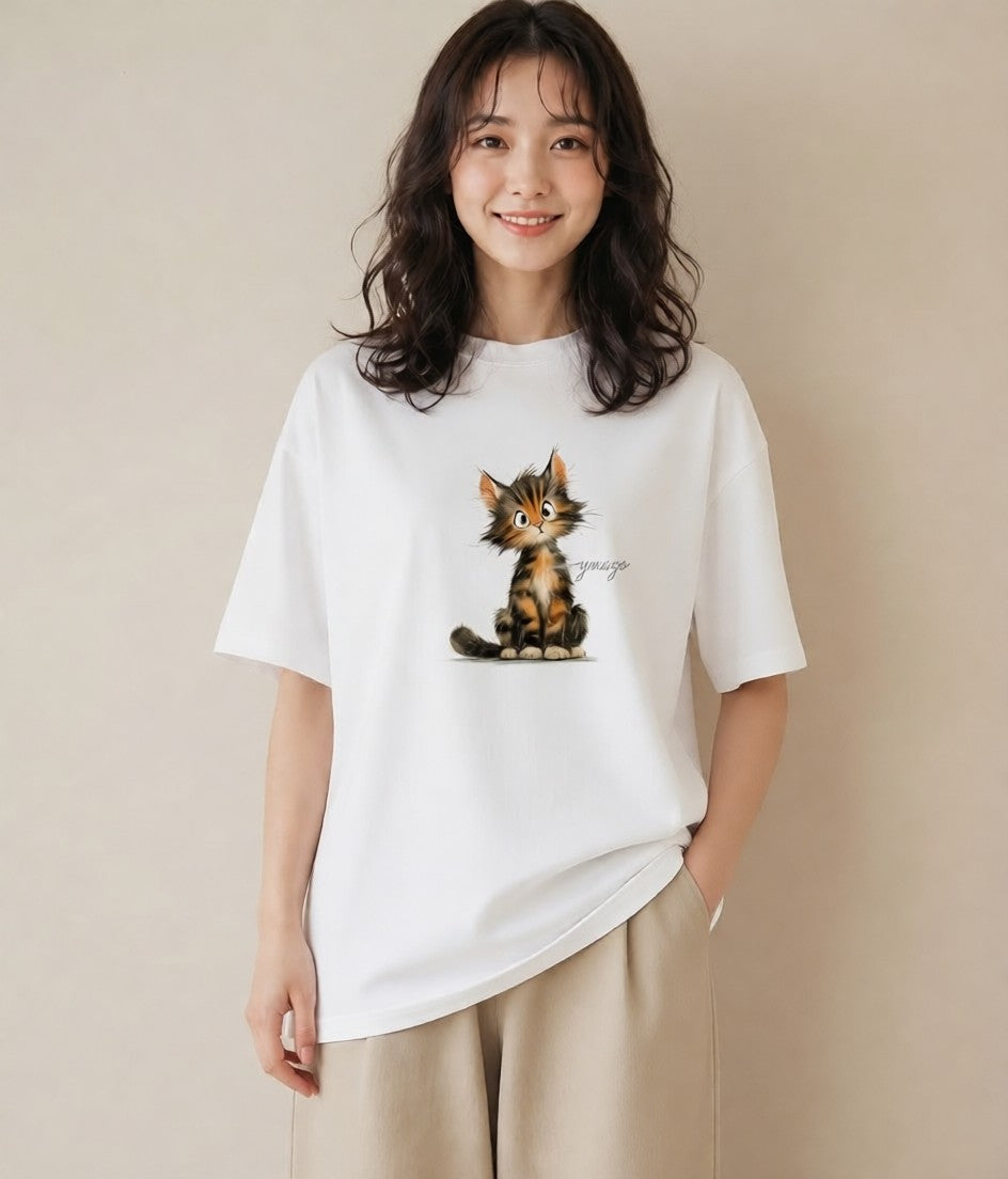 Tシャツ レディース 茶トラ 茶猫 猫 ねこ イラスト ボタニカル カジュアルコーデ 買い物 白T