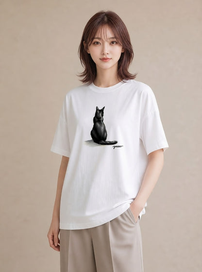Tシャツ レディース 黒猫 猫 ねこ イラスト ユニーク 散歩 お出かけ 白T