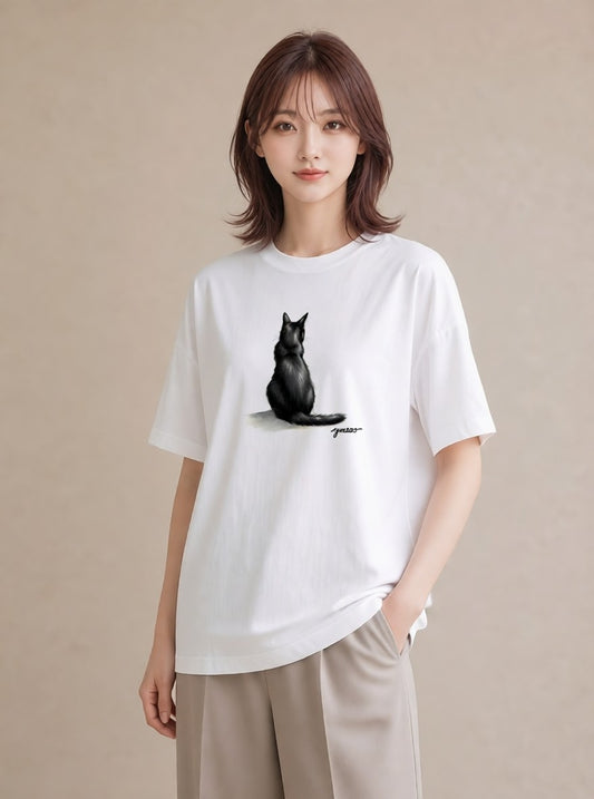 Tシャツ レディース 黒猫 猫 ねこ イラスト ユニーク 散歩 お出かけ 白T