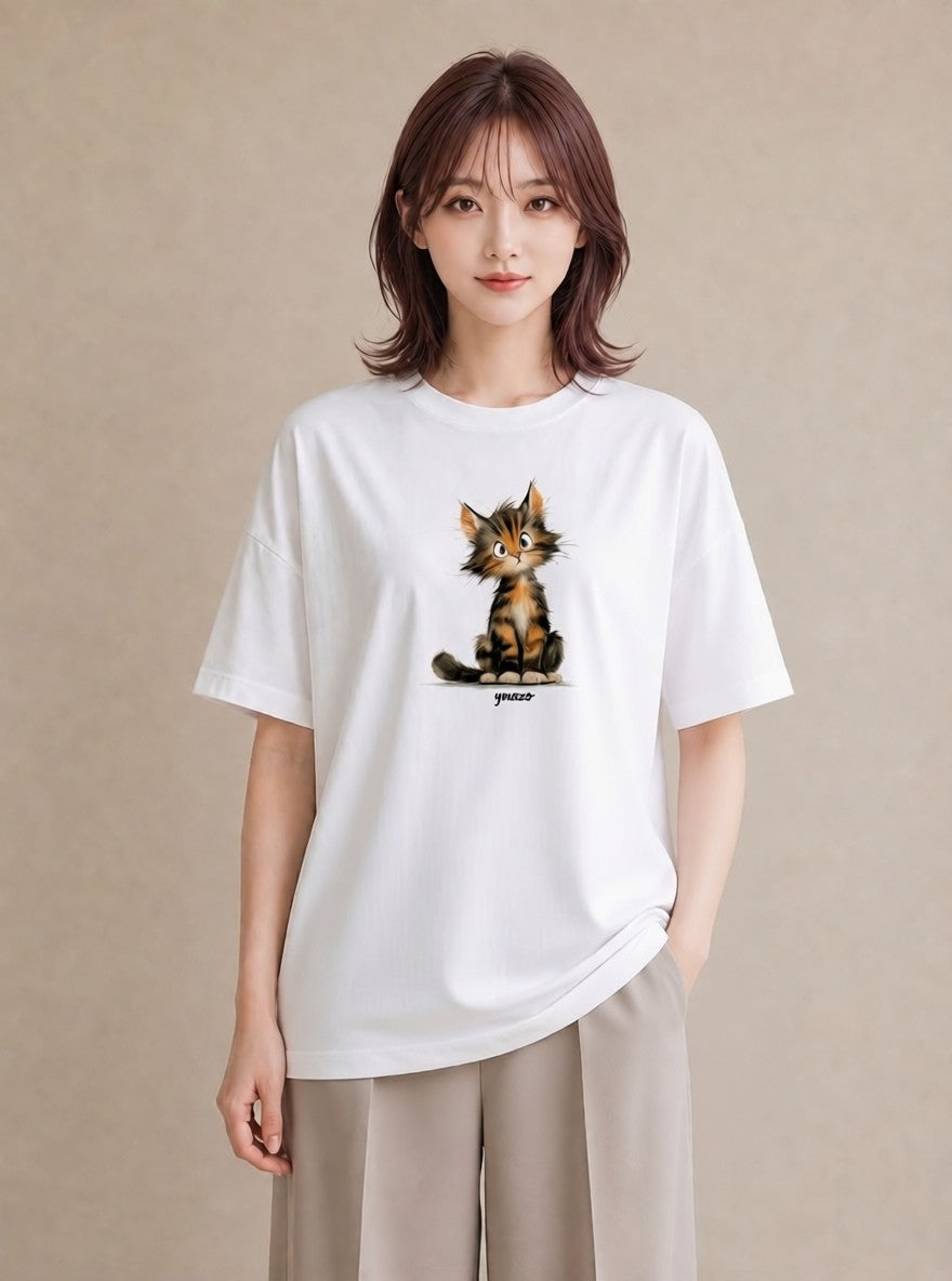 半袖Tシャツ レディース ぶち猫 猫 ねこ イラスト カフェコーデ 公園 ママ 白T