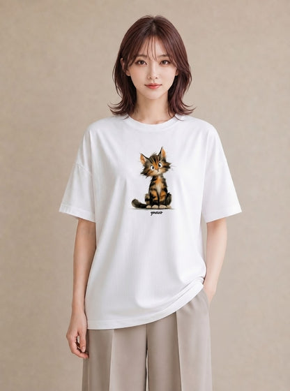 半袖Tシャツ レディース ぶち猫 猫 ねこ イラスト カフェコーデ 公園 ママ 白T