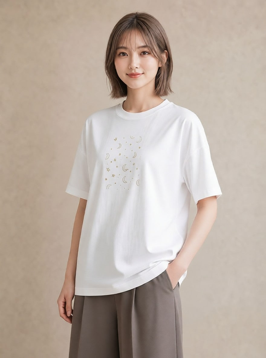 プリントTシャツ レディース 月と星 星空 ムーン イラスト フェミニン 敬老の日 ホワイトデー 白T