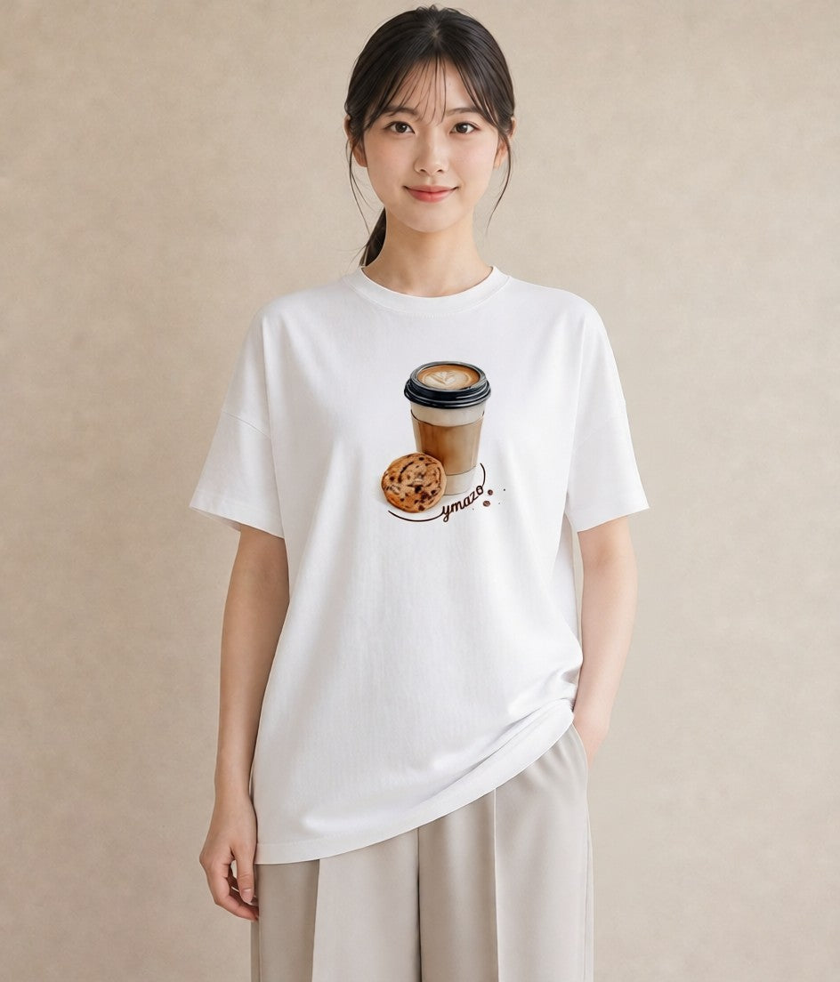 Tシャツ レディース カフェラテ 食べ物 フード イラスト 線画 春服 ミセス 白T