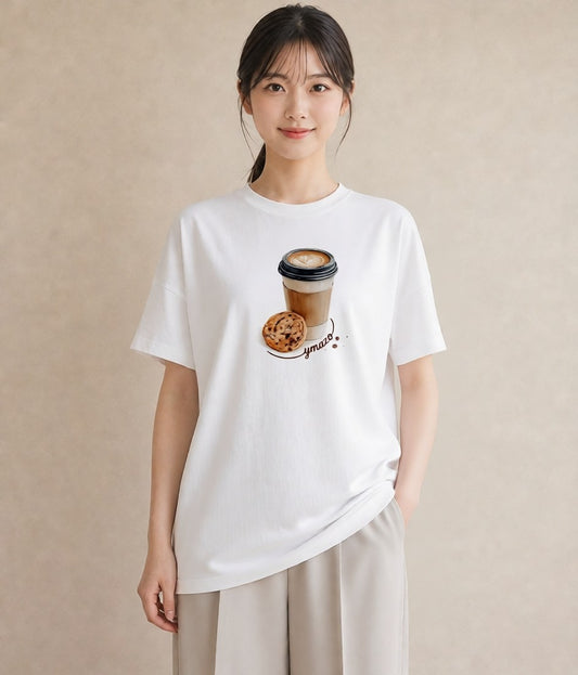 Tシャツ レディース カフェラテ 食べ物 フード イラスト 線画 春服 ミセス 白T