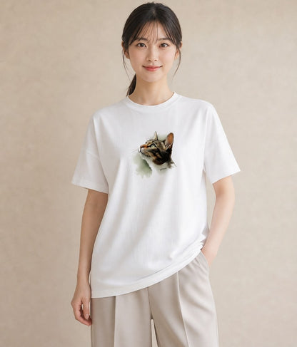 グラフィックTシャツ レディース ぶち猫 猫 ねこ イラスト アート風 女性向けギフト 散歩 白T