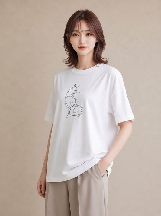 半袖Tシャツ レディース 猫 ねこ ネコ イラスト 休日コーデ 送別ギフト 通勤 白T