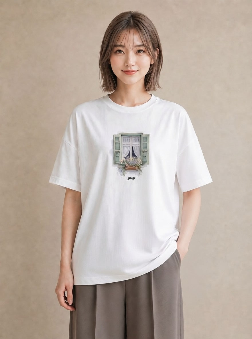 プリントTシャツ レディース 窓辺の雨 雨の日 窓 ナチュラル アンティーク イラスト ミニマル レイヤード 友達ギフト 白T