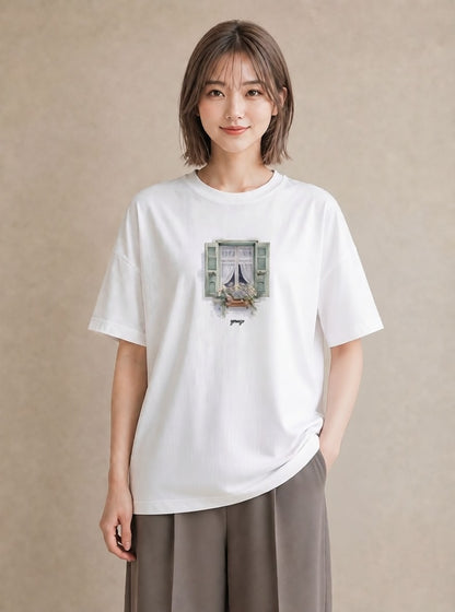 プリントTシャツ レディース 窓辺の雨 雨の日 窓 ナチュラル アンティーク イラスト ミニマル レイヤード 友達ギフト 白T