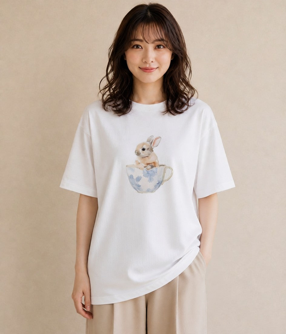 プリントTシャツ レディース ウサギ系野生 動物 アニマル イラスト 線画 友達ギフト 部屋着 白T