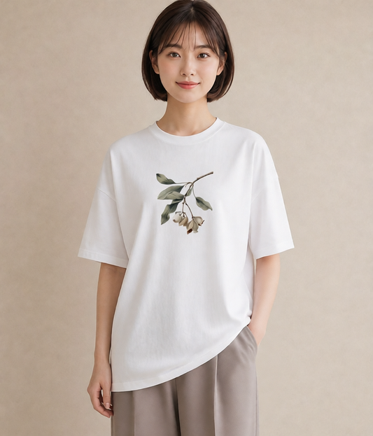 半袖Tシャツ レディース 金木犀 花 花柄 イラスト こなれ感 通勤 在宅 白T