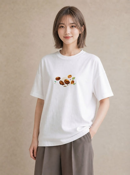 半袖Tシャツ レディース コーヒー 珈琲 カフェ 食べ物 フード イラスト ラフ 帰省 白T