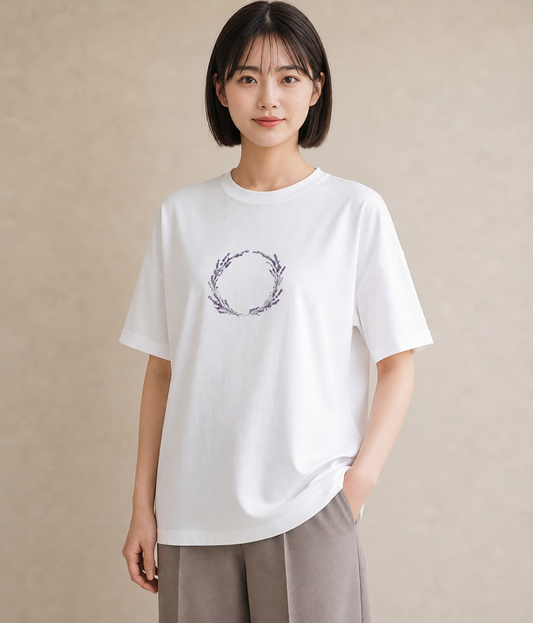 半袖Tシャツ レディース ラベンダー 花 花柄 イラスト ラフ デート 帰省 白T