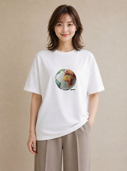 半袖Tシャツ レディース 地球 星空 宇宙 イラスト 北欧風 誕生日プレゼント 綿100 白T