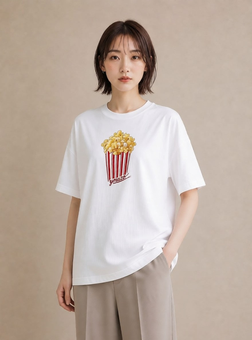 Tシャツ レディース ポップコーン 食べ物 フード イラスト 抜け感 ギフト 母の日 白T