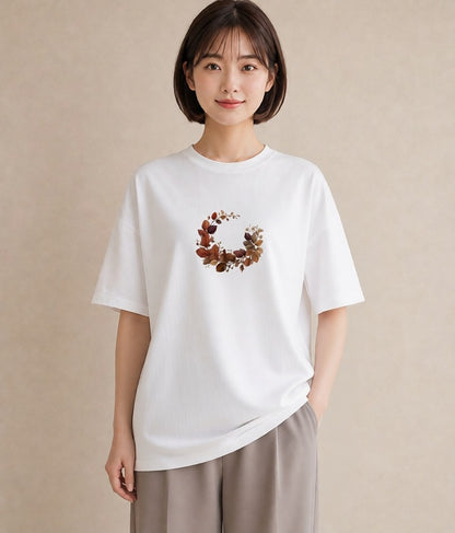 半袖Tシャツ レディース 落ち葉 植物 ボタニカル イラスト 上品 夏コーデ 通学 白T