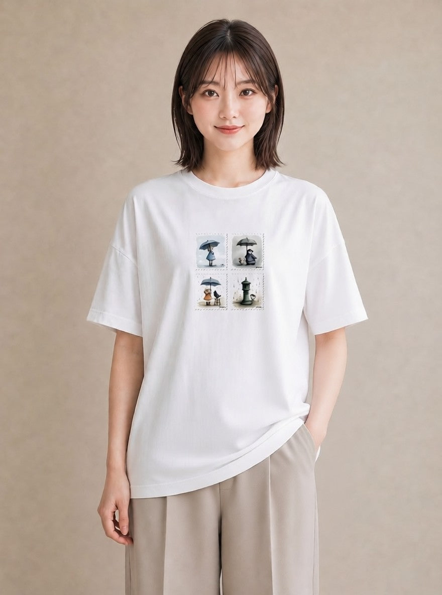 半袖Tシャツ レディース 傘 水たまり 雨 ナチュラル アンティーク イラスト ヴィンテージ風 デイリーウェア 休日 白T