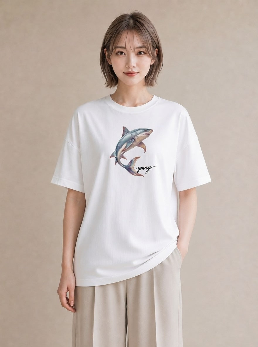 デザインTシャツ レディース サメ 海の生き物 海 イラスト 可愛い ママ カフェ服 白T