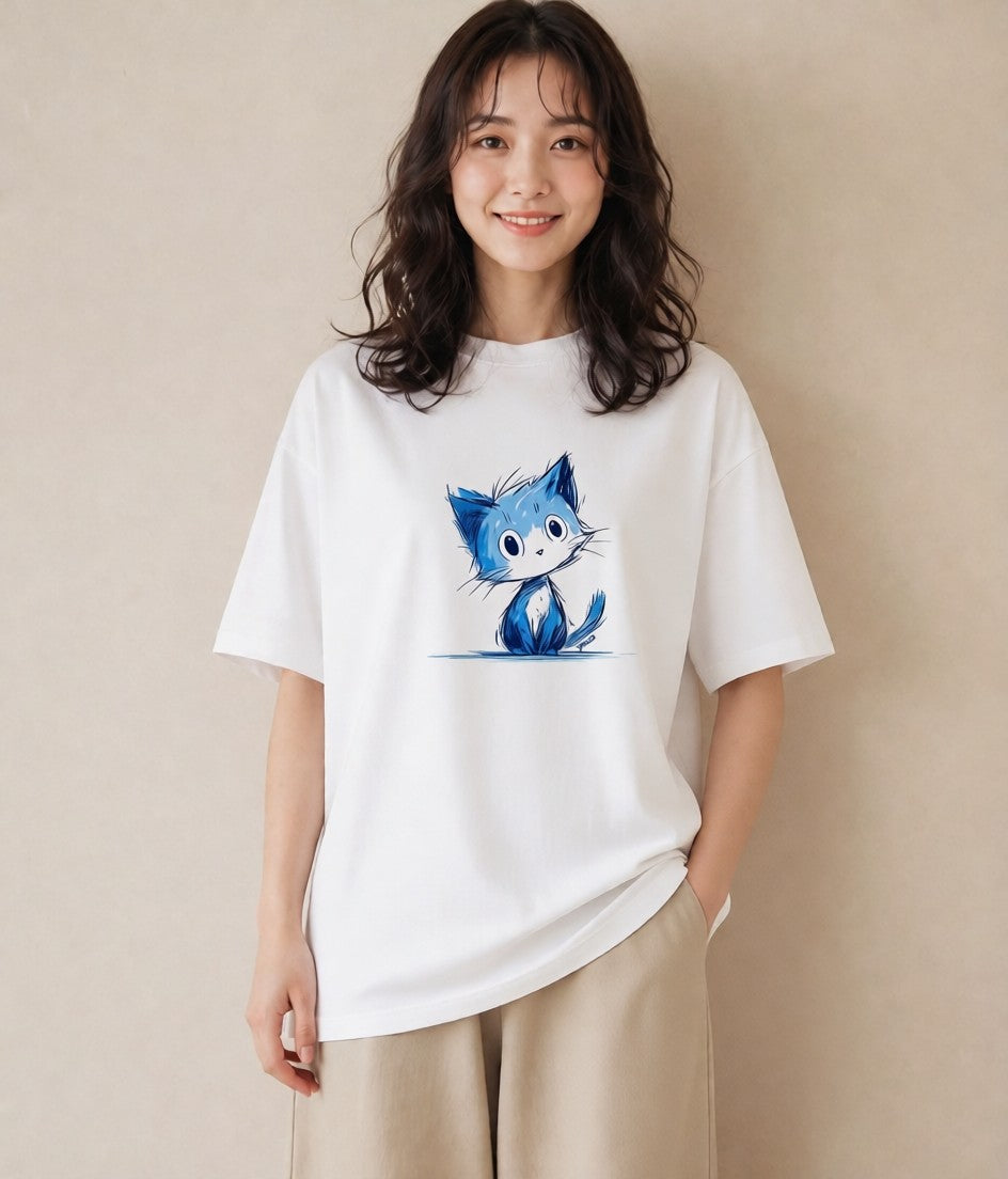 グラフィックTシャツ レディース ロシアンブルー 猫 ねこ イラスト ナチュラル ビーチ デイリーウェア 白T