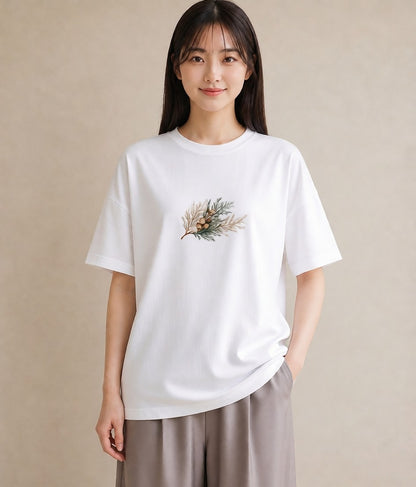 半袖Tシャツ レディース 松ぼっくり 植物 ボタニカル イラスト 春服 ミセス 白T