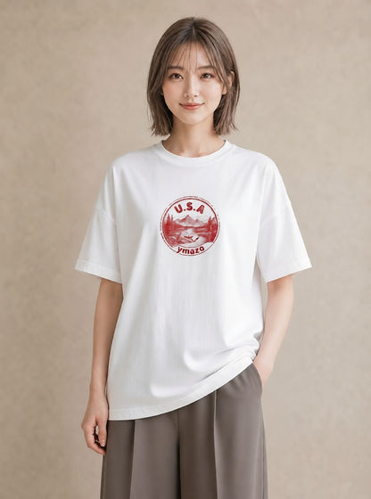 グラフィックTシャツ レディース 旅 トラベル スタンプ イラスト 韓国風 カジュアルコーデ 買い物 白T
