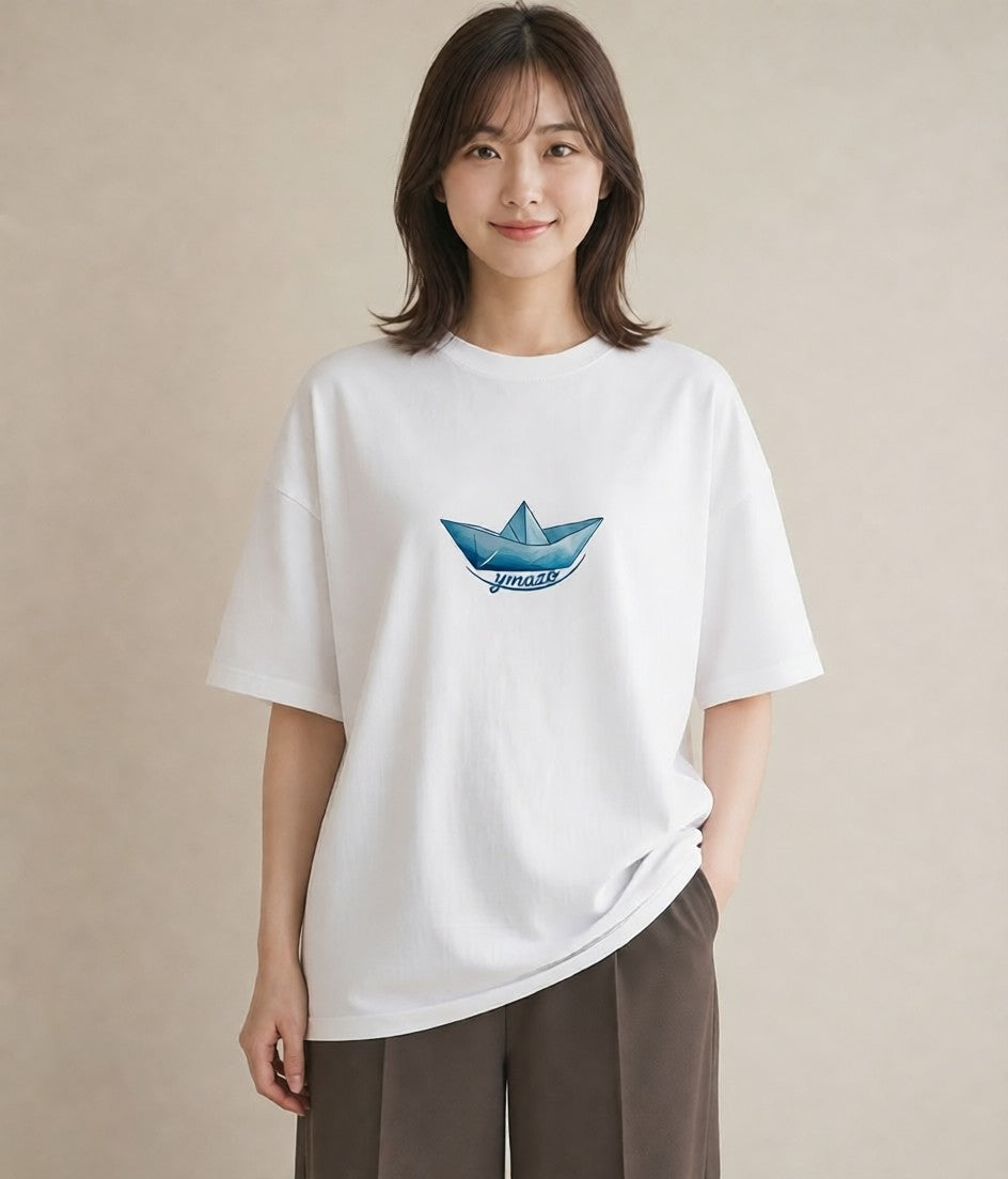 グラフィックTシャツ レディース 紙の船 水辺 ナチュラル アンティーク イラスト お洒落 友達ギフト 部屋着 白T