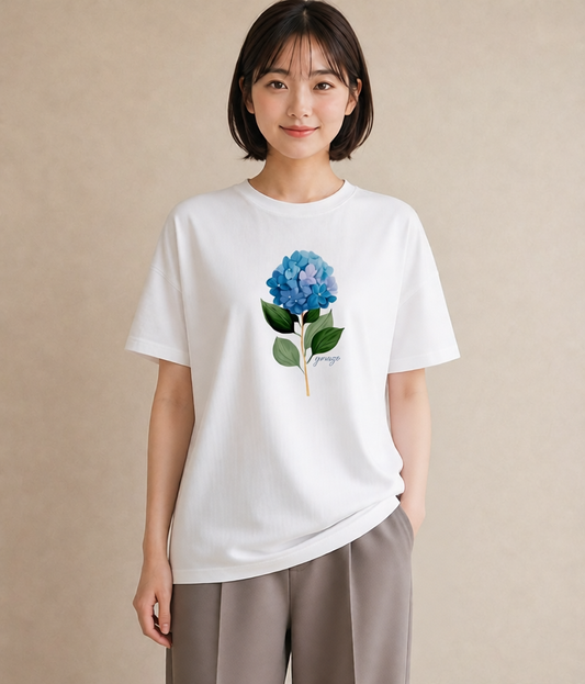 グラフィックTシャツ レディース あじさい 紫陽花 アジサイ 花 花柄 イラスト 旅行コーデ ママ カフェ服 白T