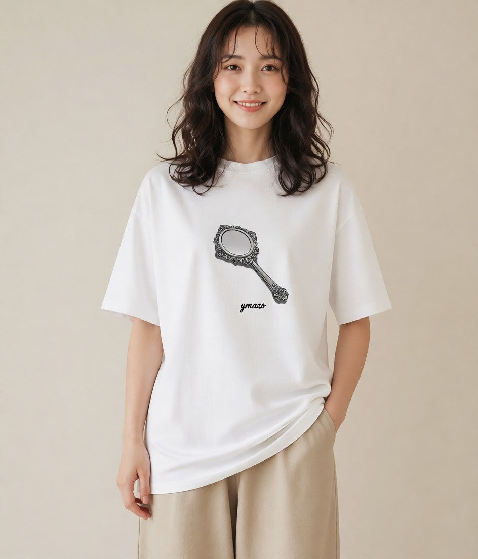 デザインTシャツ レディース 手鏡 アンティーク レトロ ナチュラル イラスト 個性的 自分用 ルームウェア 白T