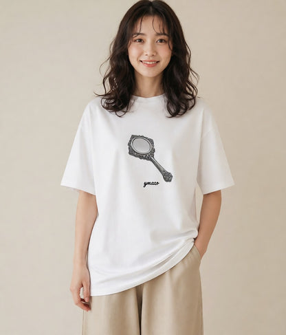 デザインTシャツ レディース 手鏡 アンティーク レトロ ナチュラル イラスト 個性的 自分用 ルームウェア 白T