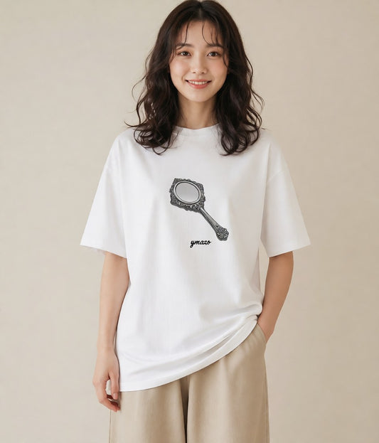 デザインTシャツ レディース 手鏡 アンティーク レトロ ナチュラル イラスト 個性的 自分用 ルームウェア 白T