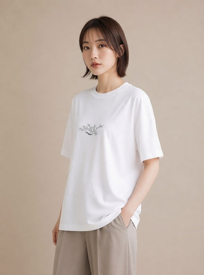 プリントTシャツ レディース さくら 桜 桜の枝 イラスト 淡色 カフェ服 クリスマス 白T