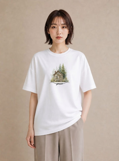 Tシャツ レディース 湖畔の小屋 湖 小屋 ナチュラル アンティーク イラスト ラフ 普段着 週末コーデ 白T