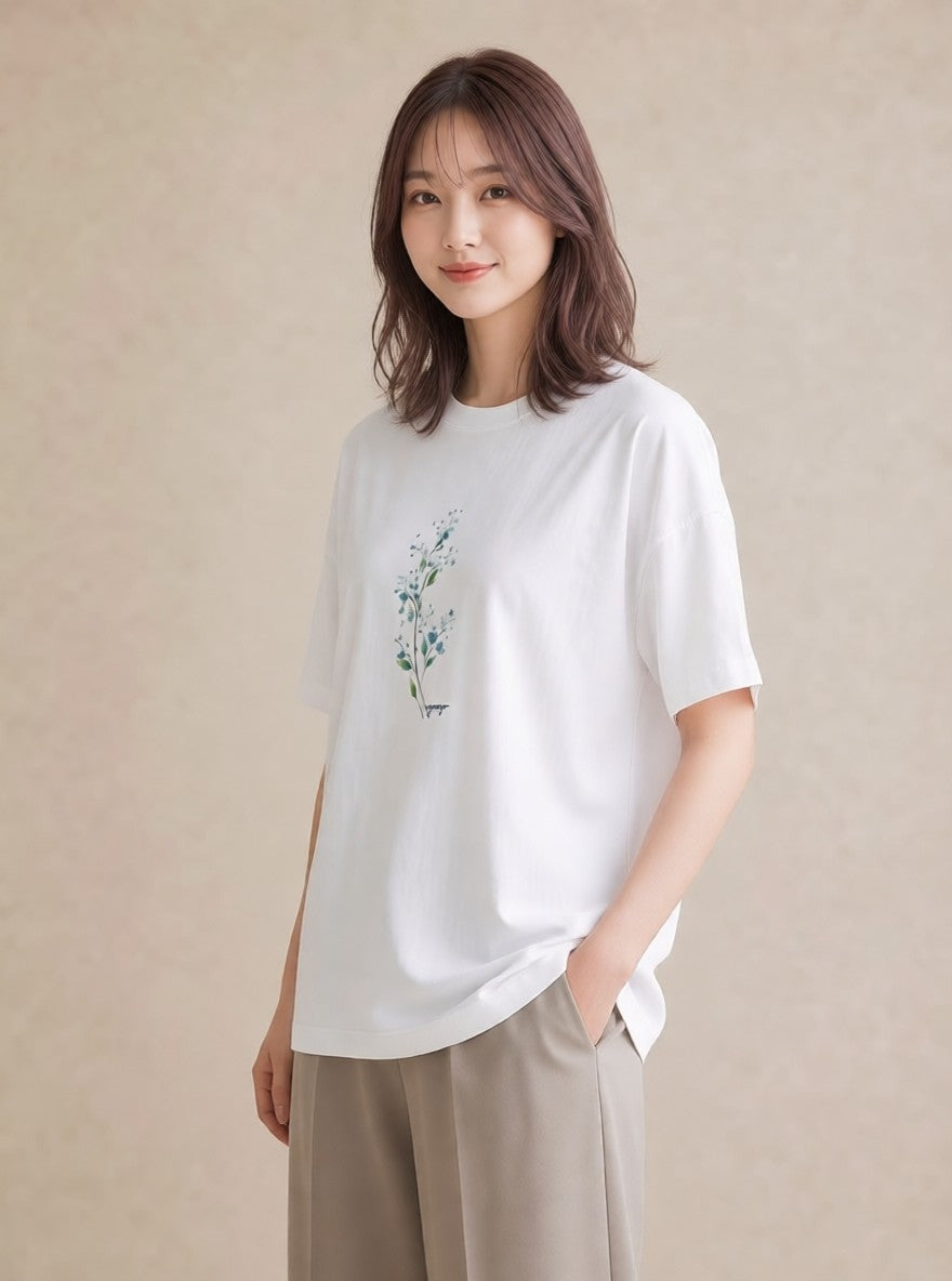 Tシャツ レディース カスミソウ かすみ草 花 花柄 イラスト ゆるコーデ 送別ギフト 通勤 白T