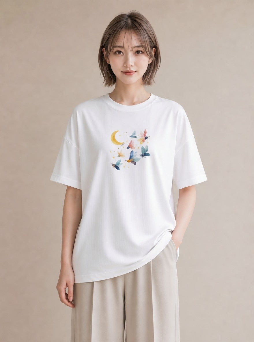 半袖Tシャツ レディース 月 星空 宇宙 イラスト お洒落 ホワイトデー 春服 白T