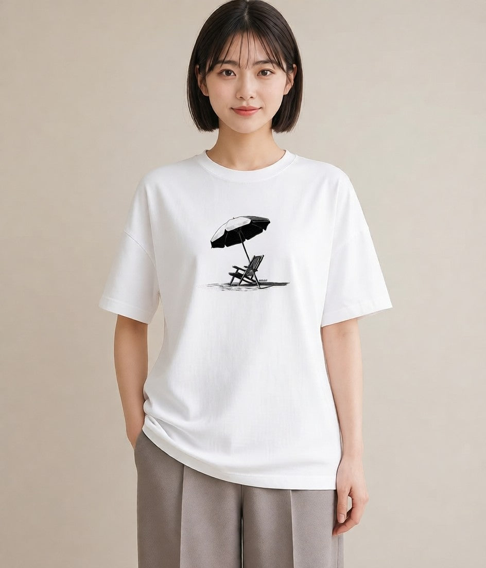 プリントTシャツ レディース 傘 水たまり 雨 ナチュラル アンティーク イラスト ゆるコーデ 女性 旅行用 白T