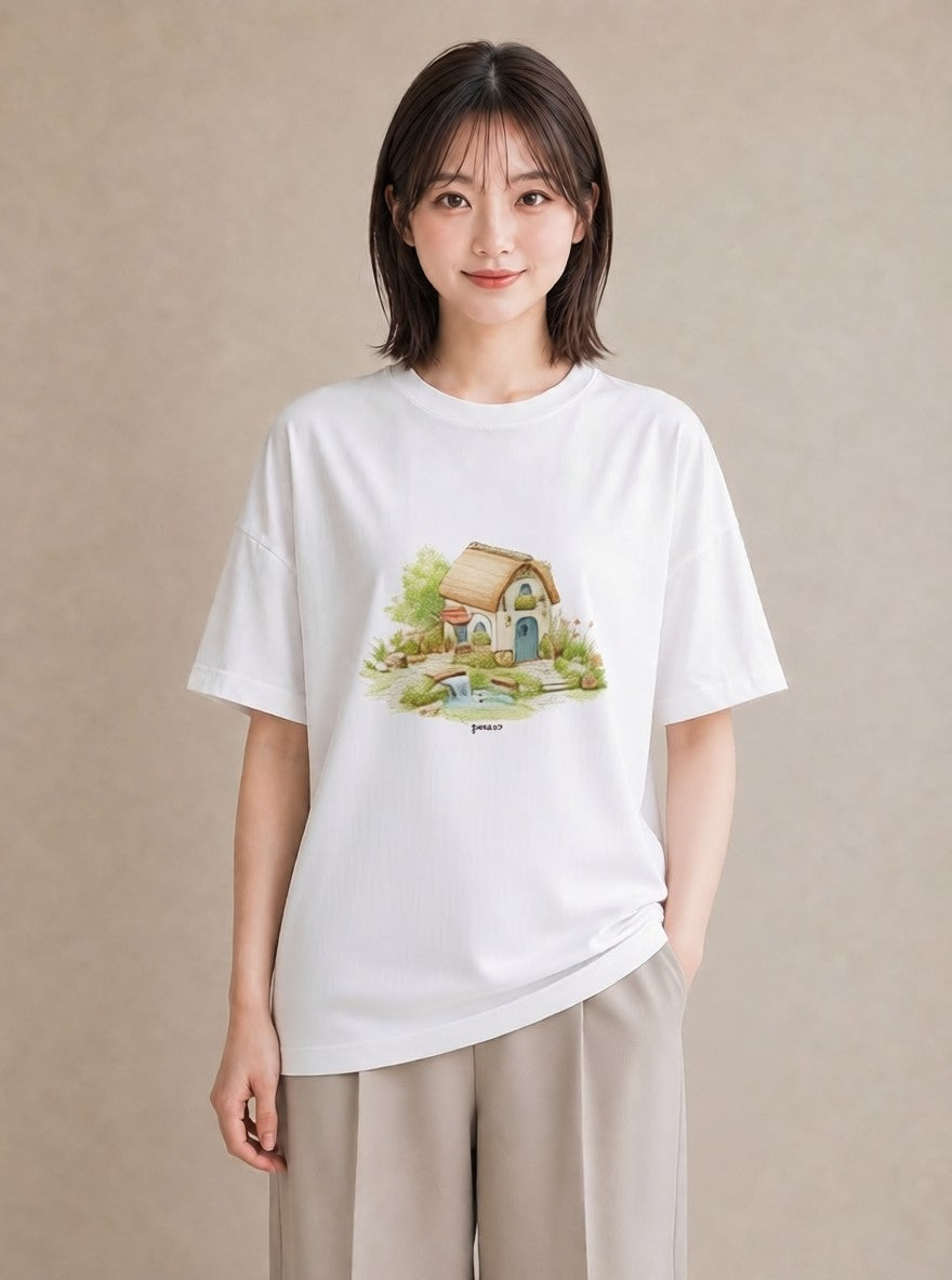 Tシャツ レディース 湖畔の小屋 湖 小屋 ナチュラル アンティーク イラスト きれいめカジュアル 部屋着 女性向けギフト 白T