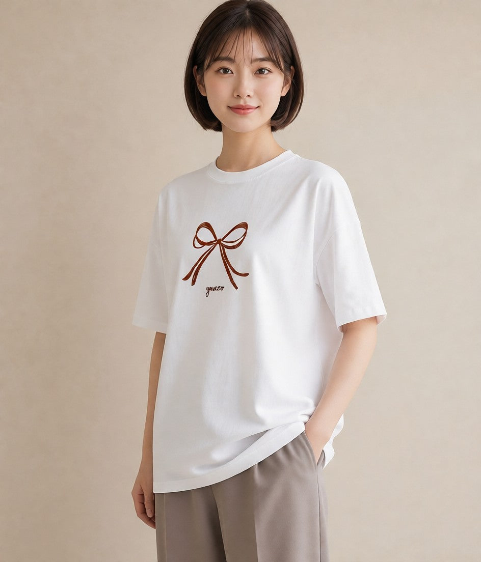 Tシャツ レディース リボン ボウ りぼん イラスト ポップ ビーチ デイリーウェア 白T