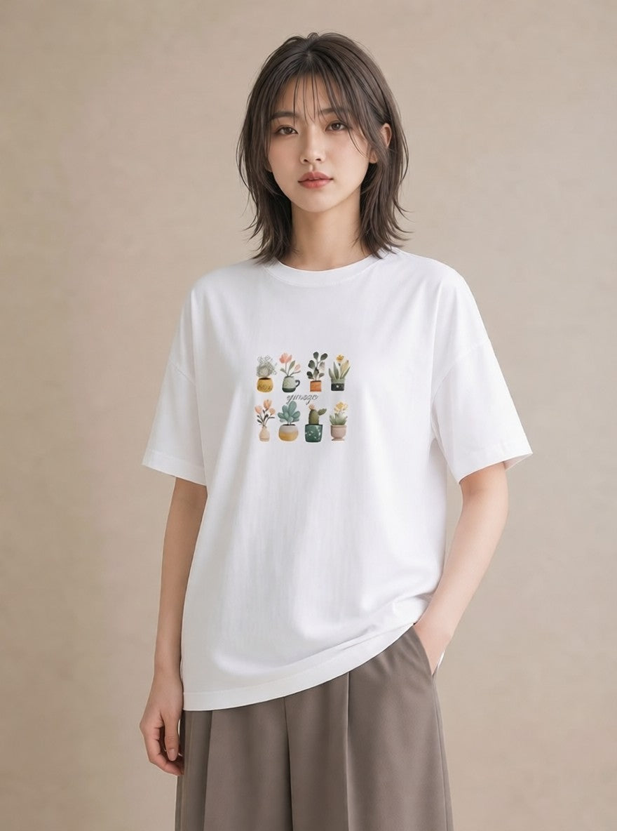 グラフィックTシャツ レディース 観葉植物 植物 ボタニカル イラスト 韓国風 おしゃれギフト 社会人 白T