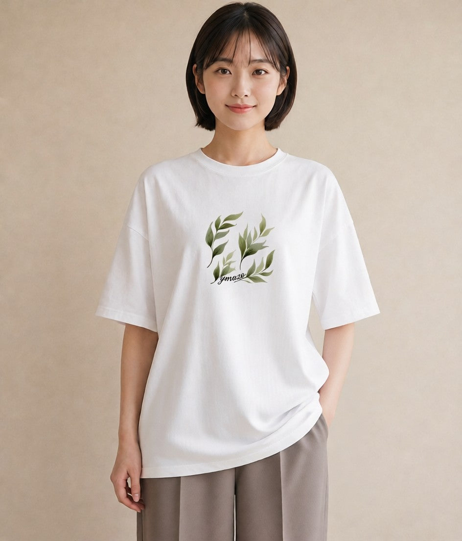 プリントTシャツ レディース シダ 植物 ボタニカル イラスト モード 春服 ミセス 白T