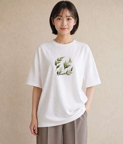 プリントTシャツ レディース シダ 植物 ボタニカル イラスト モード 春服 ミセス 白T