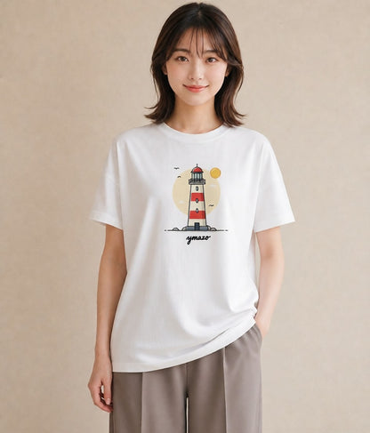 グラフィックTシャツ レディース 灯台 霧 海 ナチュラル アンティーク イラスト 韓国風 カフェ巡り 女子会 白T