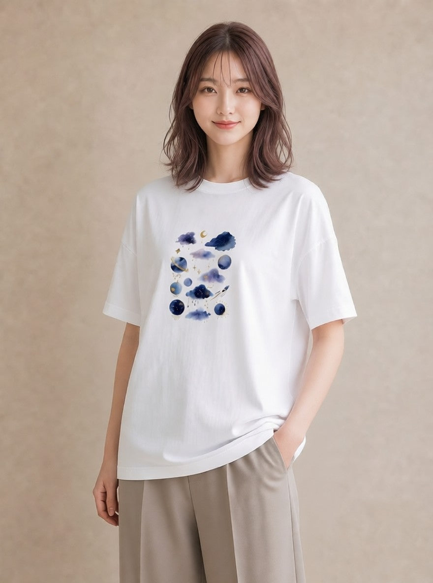 グラフィックTシャツ レディース 蟹座 星空 宇宙 イラスト カフェコーデ 旅行 母娘コーデ 白T
